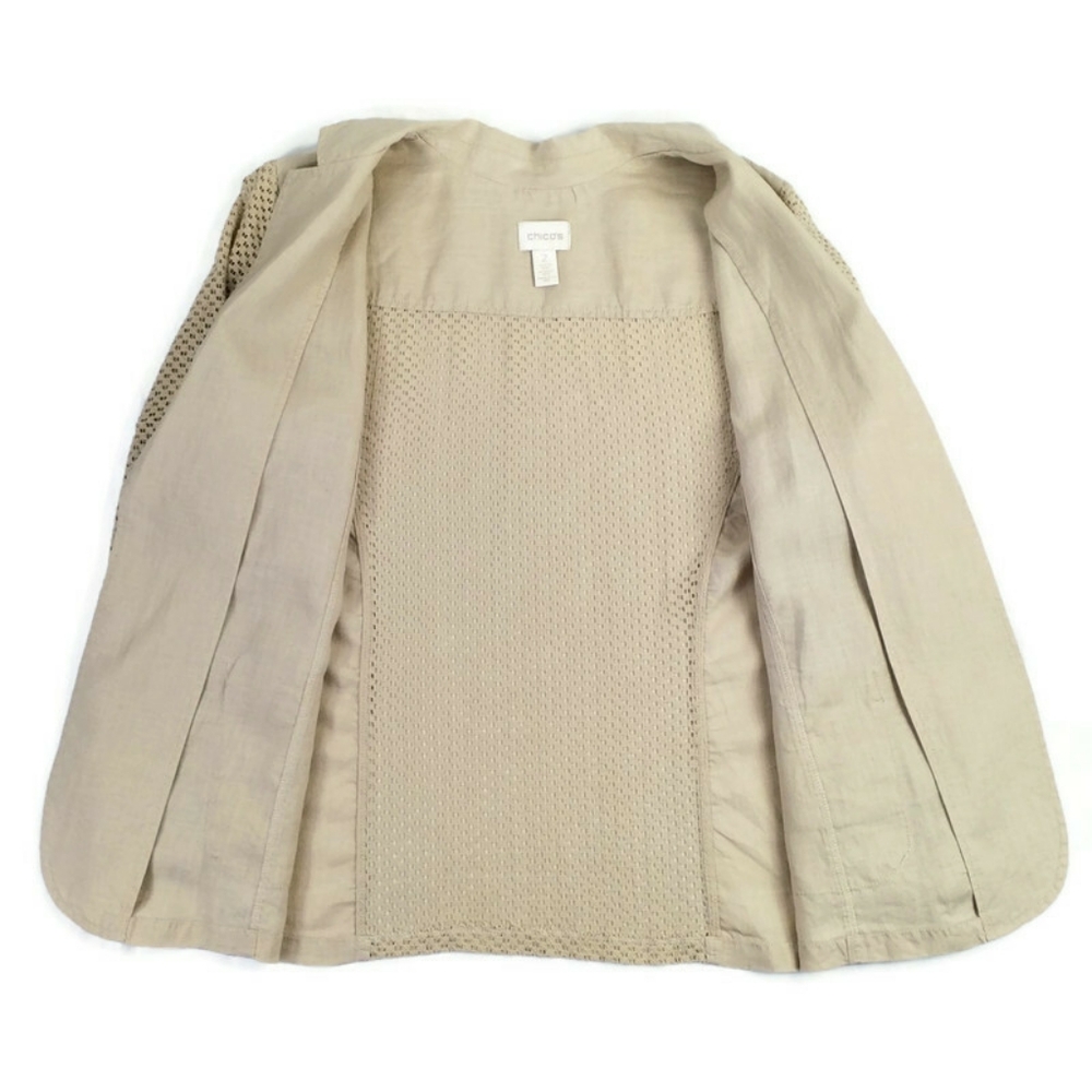 Chico's Tan Linen Open Front Long Perforated Sleeve Blazer Jacket Womens 2, US L - Picture 14 of 15